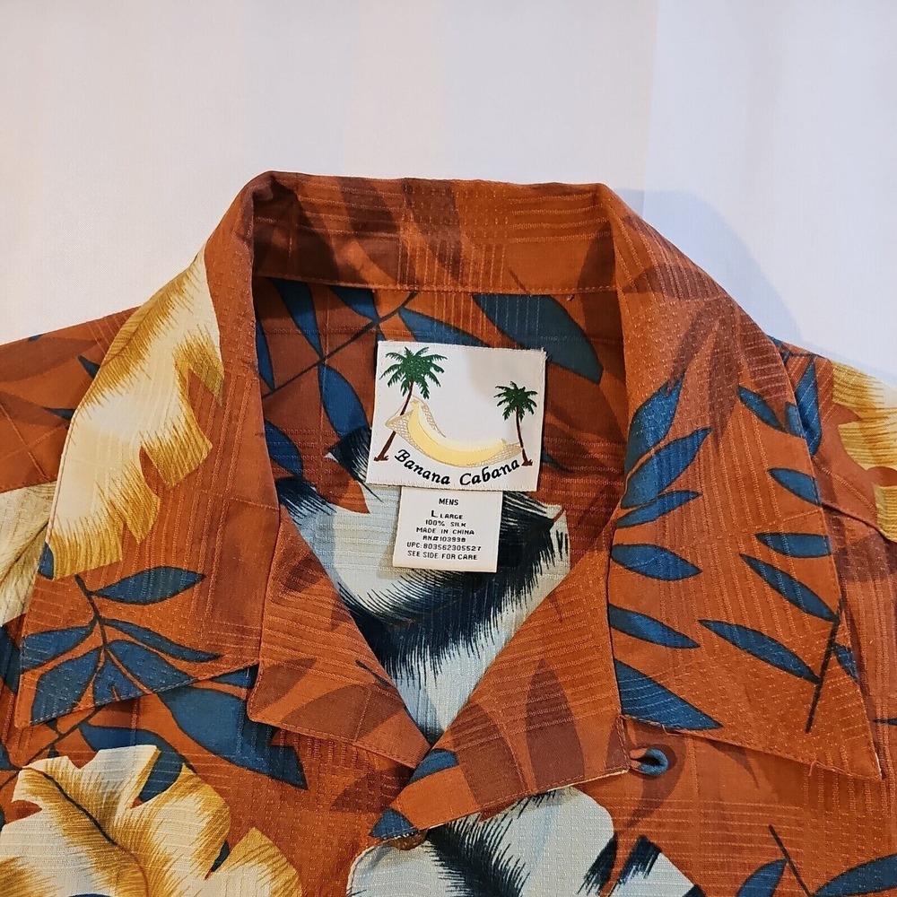 Men's Banana Cabana Hawaiian Silk Shirt Tropical Palms Rust Brown Large - Picture 2 of 5